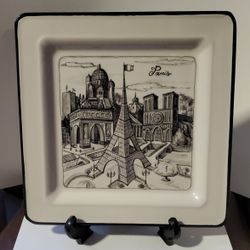 Beautiful ART Plate Paris Theme. Measures 10.25" Square With Black Border. Center Of Plate Is Recessed . Never Used For Food Service. 