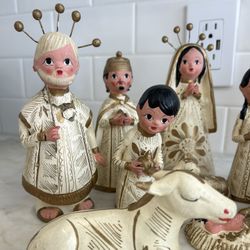 Vintage Mexican Miniature Nativity Set  Gold Ceramic Manger 13 Pieces Christmas Collectibles Folk Art figurines, sculptures, hand, painted handcrafted