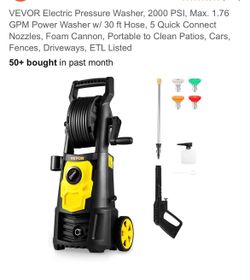 VEVOR Electric Pressure Washer, 2000 PSI, Max. 1.76 GPM Power Washer w/ 30 ft Hose, 5 Quick Connect Nozzles, Foam Cannon, Portable to Clean Patios, Ca