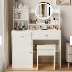 Fashion Vanity Desk with Mirror and Lights with Cushioned Chair