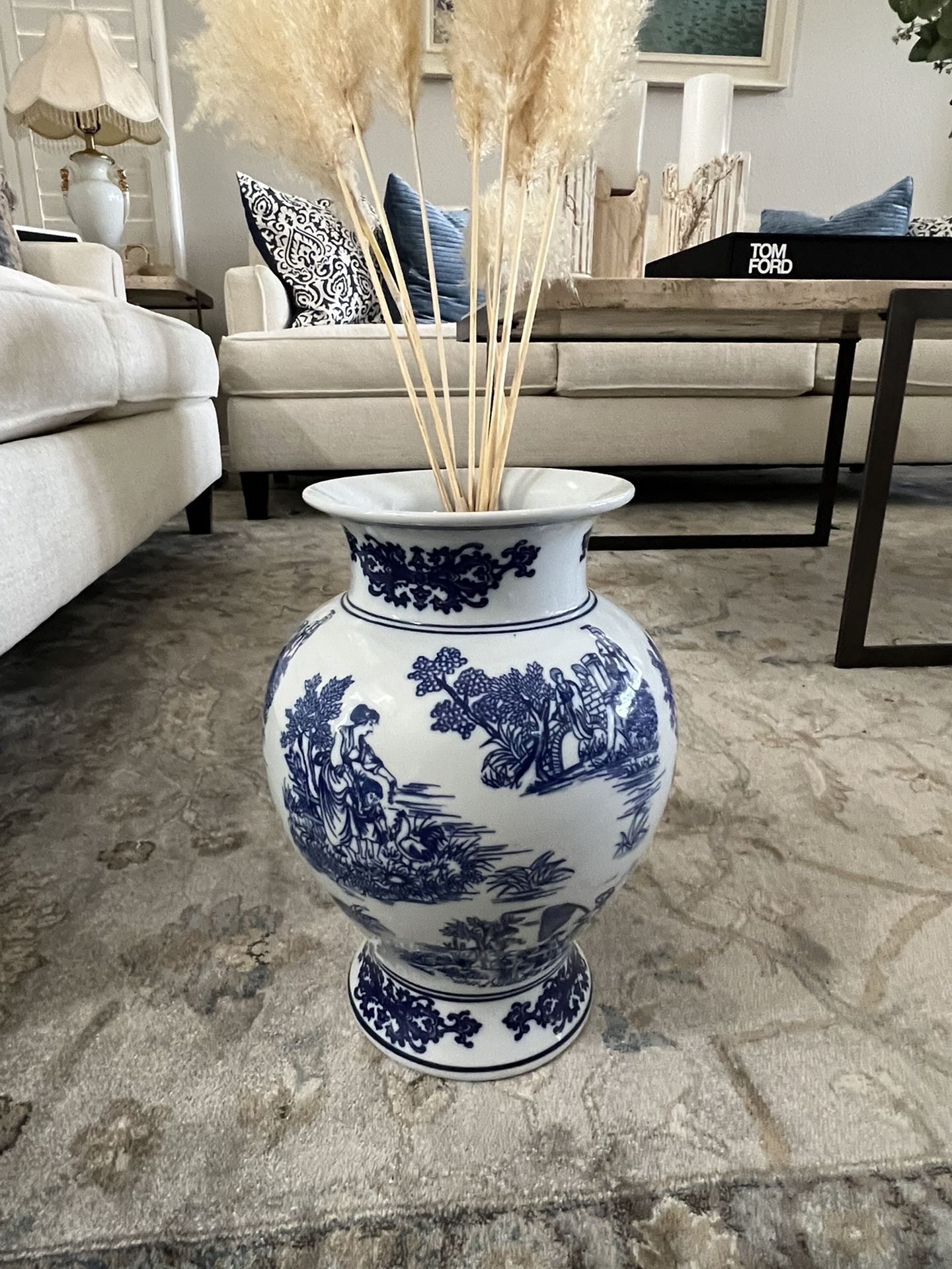Ceramic Blue And White Vase With Free Pampas