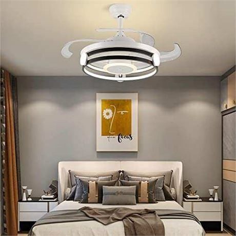 DLLT 35 Inch Retractable Ceiling Fan with Lights Remote Control, 30W LED Bladeless Modern Ceiling Fan for Kitchen, Bedroom, Living Room, Quiet Motor