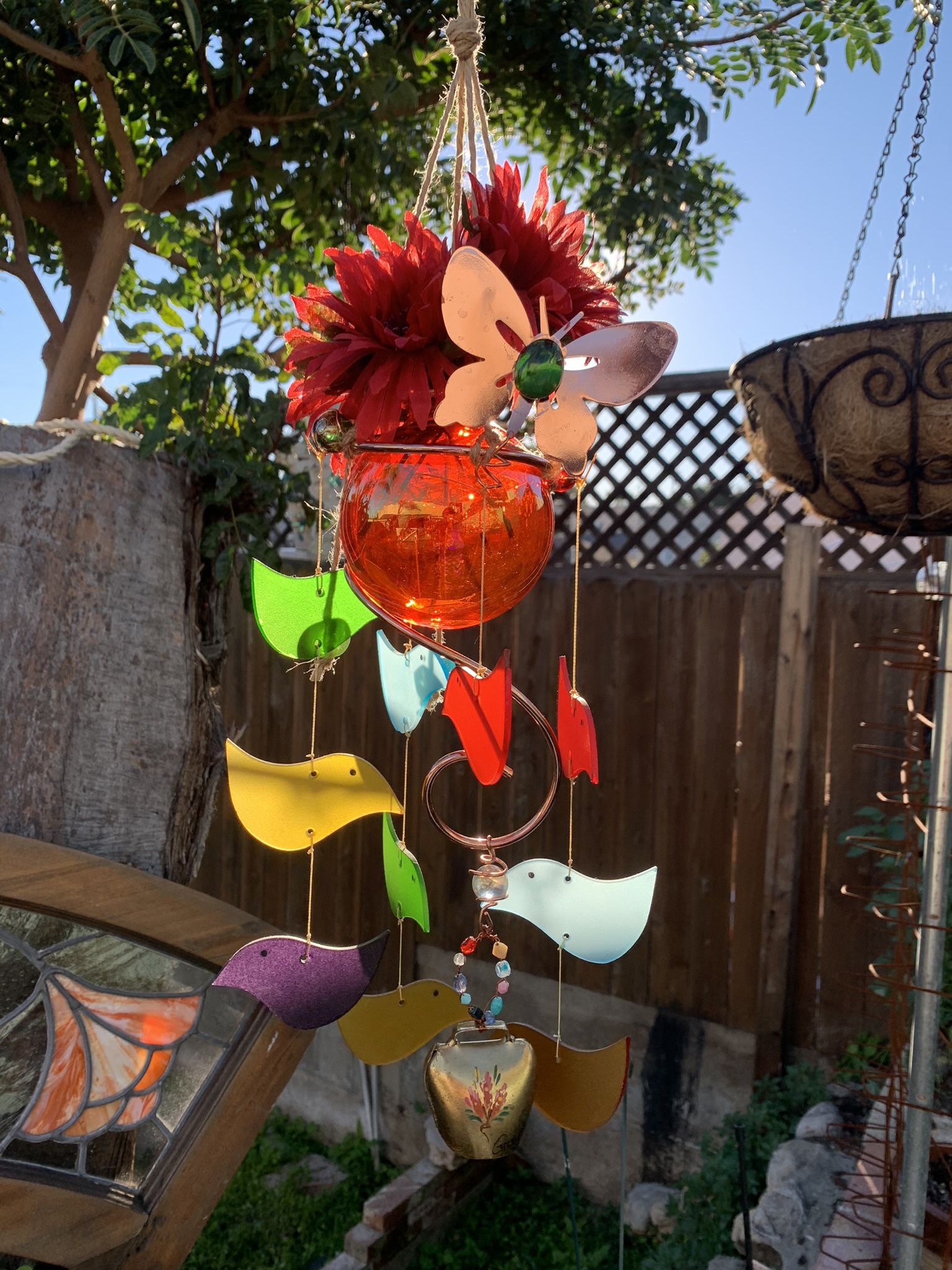 Rainbow Stained Glass Birds Wind Chime Sun Catcher Butterfly Vase Mobile Handmade from Recycled Materials