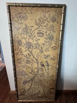 Vintage chinoiserie bird and floral wall art with faux bamboo frame
