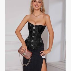 Sexy Black Corset Floral Jacquard Lace Up Corset Bustier, Plain Tummy Control Body Shaper, Women's  Shapewear Front Hooks.