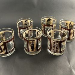 Vintage Whiskey Glasses Set of 6 Low Ball Movie Roaring 20’s Actors Barware MCM