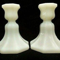 Vintage Custard Uranium Milk Glass Candlesticks 