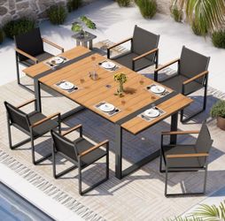 Outdoor Dining Set, HDPS + Aluminum Patio Table and Chairs Set with U-Shaped Base, 7 Piece Outdoor Furniture Set with Umbrella Hole, Patio Dining Tabl