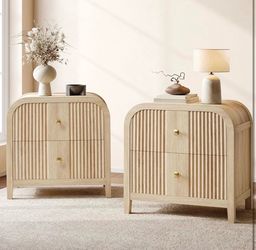 Pair of Japandi Fluted Nightstands – Light Oak Curved 2-Drawer Accent Tables (Brand New)