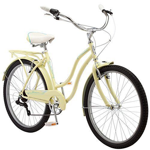 Schwinn Perla Adult Beach Cruiser Bike, Men and Women, 18-Inch Step-Through Steel Frame, 26-Inch Wheels, 7-Speed Twist Shifters, Rear Rack, Front and