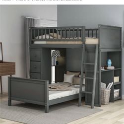 Twin Over Twin Bed with Drawers and Shelves