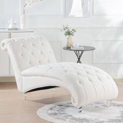 NEW White Teddy Velvet Tufted Chaise Lounge with Acrylic Legs – 62.8" Curved Armless Accent Chair