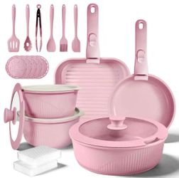 Pink Ceramic Nonstick Cookware Set w/ Removable Handles & Utensils