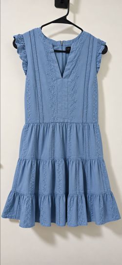 Size 8 Blue Eyelet Embroidered Tiered Mini Dress