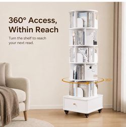 360° Rotating Tower Bookshelf with Drawer and Wheels