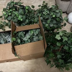 Various Fake Plants And Basket/metal Container Please Read
