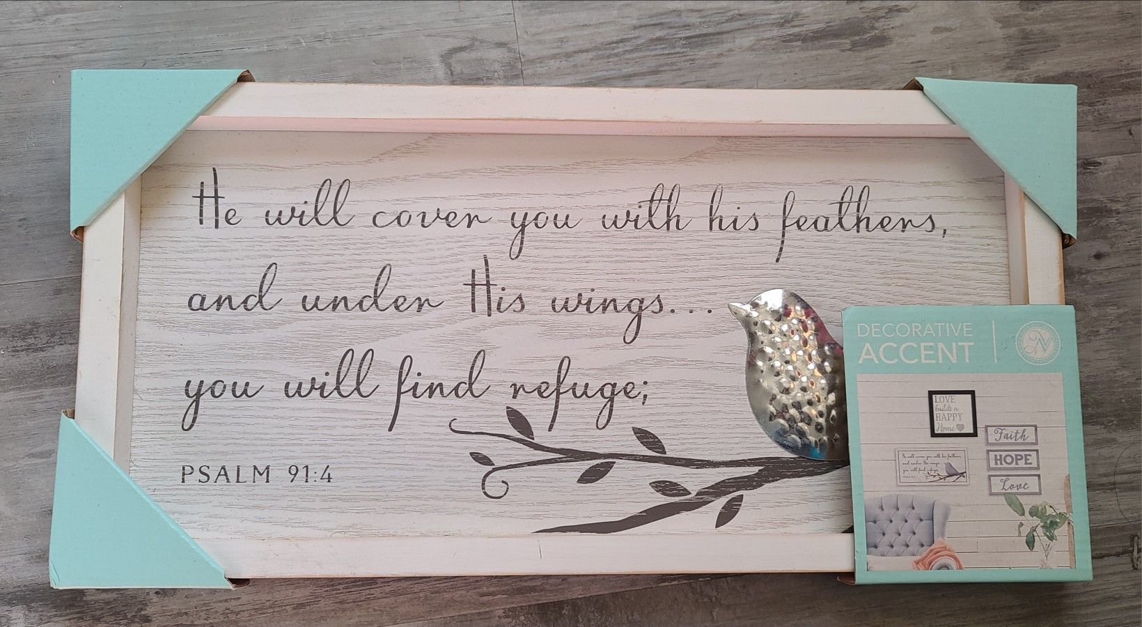 NWT Psalm 91:4 Rustic Home Decor with Metal Bird (17.5" x 9")