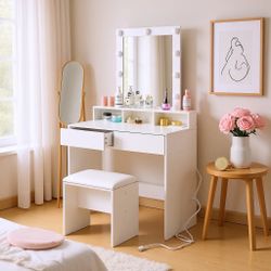 Homy Casa Swan 31.5" Vanity Desk Set with LED Mirror and Stool Modern Makeup Table with Charging Station White
