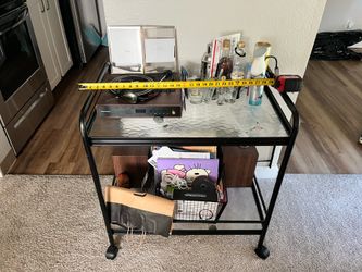Crosley record player and speakers // bar cart