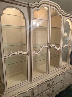 French Provincial Dining Set with Hutch, Table, and Chairs