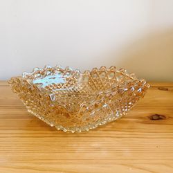 Vintage Glassware gold iridescent bowl square shaped diamond cut