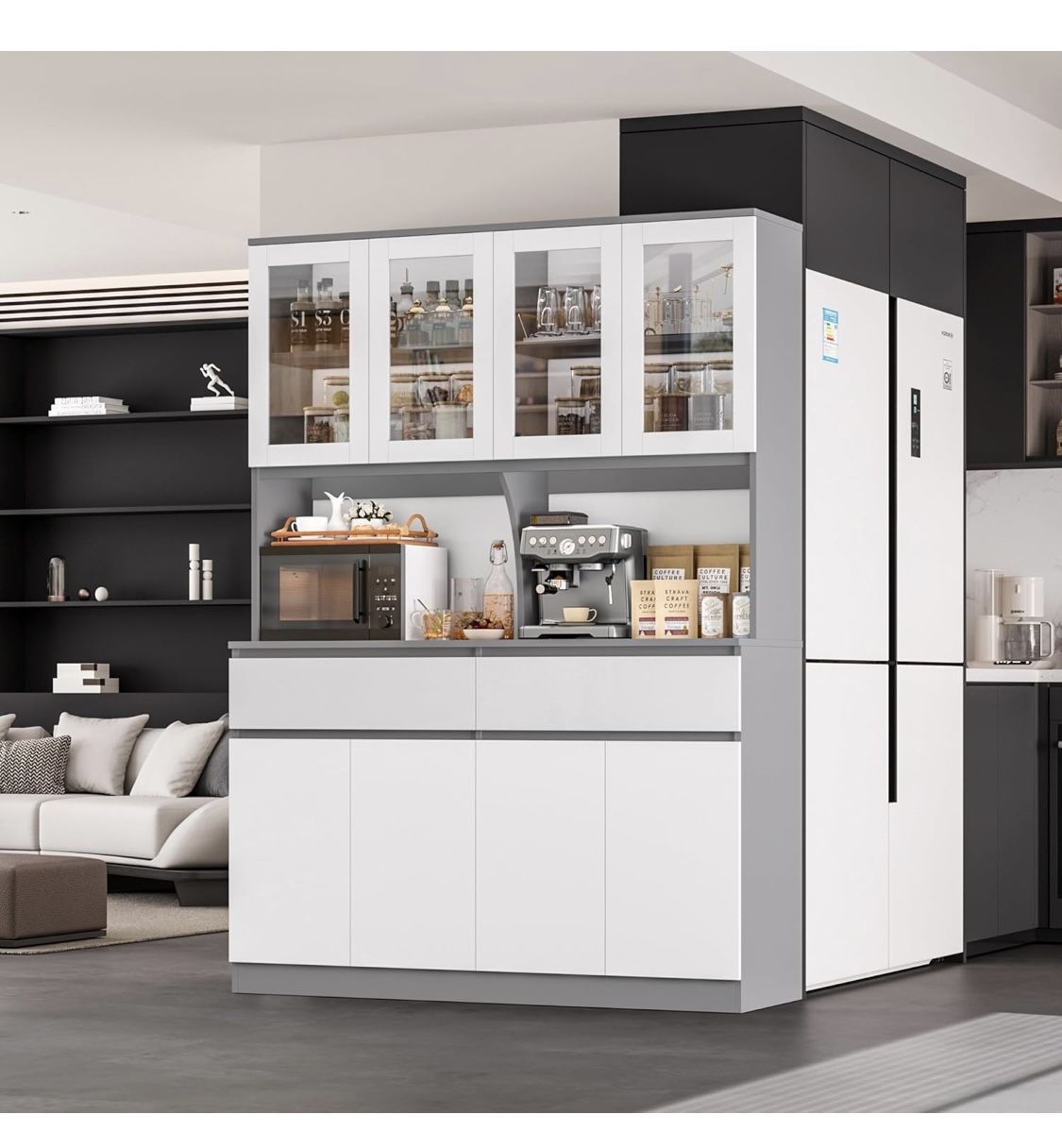 75" Tall Kitchen Pantry Storage Cabinet with Drawers and Glass Doors, 55" Wide Kitchen Hutch Cabinet