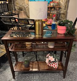 Entry table or accent table with three shelves and glass top