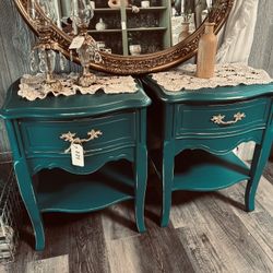 Matched Peacock Teal & Gold French Nightstands 