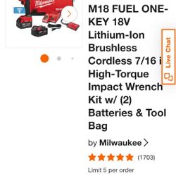 Milwaukee M18 FUEL ONE KEY Lithium Ion Brushless Cordless 7/16 High Torque Impact Wrench Kit W/2 Batteries And Tool Bag.