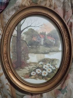 Oval Gold Frame Cottage Landscape Art Print