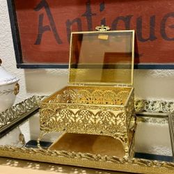 Gorgeous Antique 24K Gold-Plated Ormolu Jewelry Casket Box: Beveled Glass, Rose/Leaves Filigree, Footed with a Velvet Lining