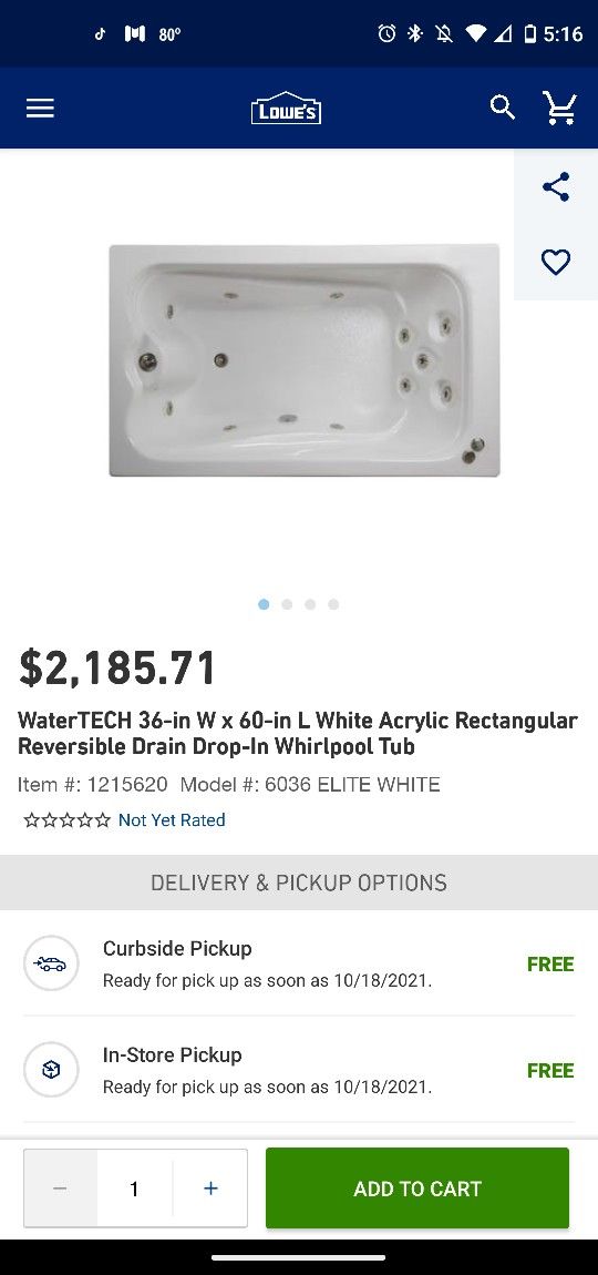 36"x 60" whirlpool tub not sure on the model but has never been installed.