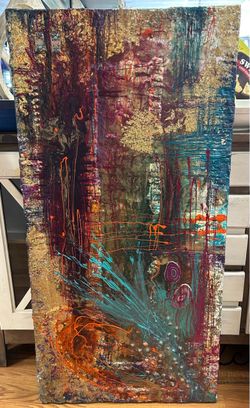 Nuria Carrasco Carnival of Life textured multi-layered abstract mixed-media painting artwork 24”x48”
