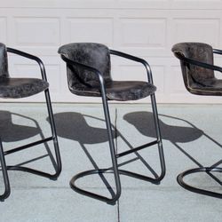 Set of 3 Leather Bar Stools – Industrial Style – (Value $1,500)