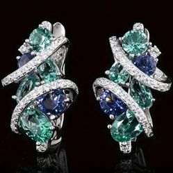 Elegant Sapphire Blue & Green 14K White Gold-Plated Cubic Zirconia Earrings 