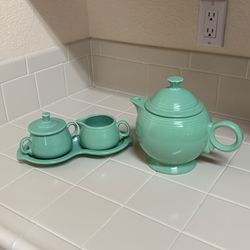 Vintage Fiestaware Seamist Green Teapot & Sugar Creamer Tray Set