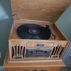 Record Player, Cassette And Cd Player With Storage Chest.