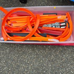 Bin of Hot Wheels Tracks and a Powered Car Booster