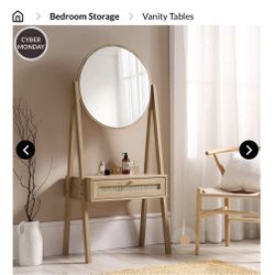 Rattan Standing Vanity Table Mirror with Tiny Chair