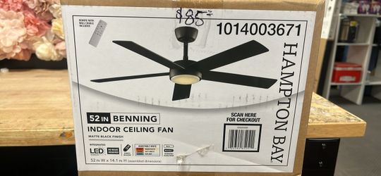 Hampton Bay Benning 52 in. Indoor Matte Black Downrod Mount Ceiling Fan with Adjustable White Light LED and Remote Control Included
