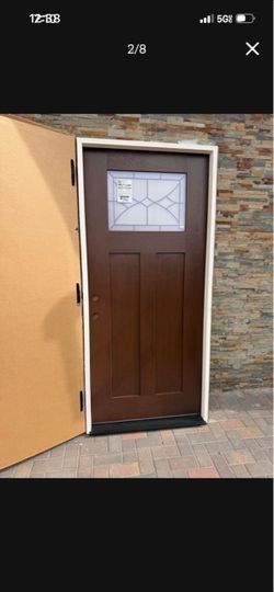 Regency 36 in. x 80 in. Right-Hand 1/4 Lite Radiance Decorative Glass Prefinished Russet Fiberglass Prehung Front Door