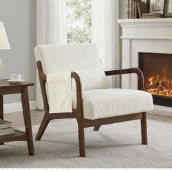 Brand  New Mid Century Modern Accent Chair, Upholstered Armchair with Lumbar Pillow and Solid Wood Frame, Comfy Reading Chair for Small Living Room, B