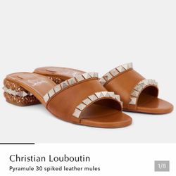 CHRISTIAN LOUBOUTIN PYRAMULE 30 SLIDE MULE SANDALS TAN LEATHER METAL STUDS 41.5