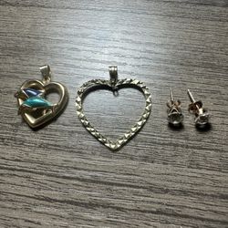 10k Gold Heart Pendants And 10k Cz Stud Earrings 