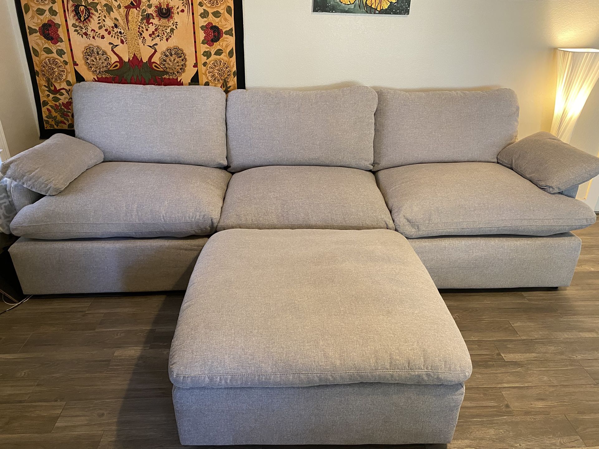 Living Spaces - Alana Linen Grey Sofa With Ottoman