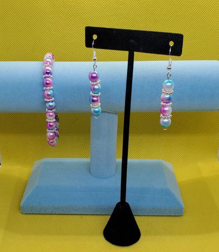 Pink, white, blue and purple hand made set bracelet and earrings