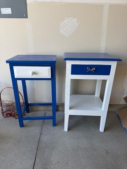 Blue and White Wooden Nightstand Set of 2