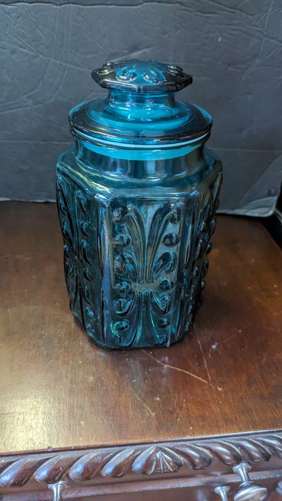 Vintage Blue Glass Canister Kitchen Jar Decor 