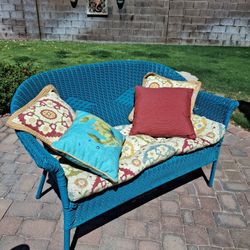 Turquoise Rattan Loveseat 