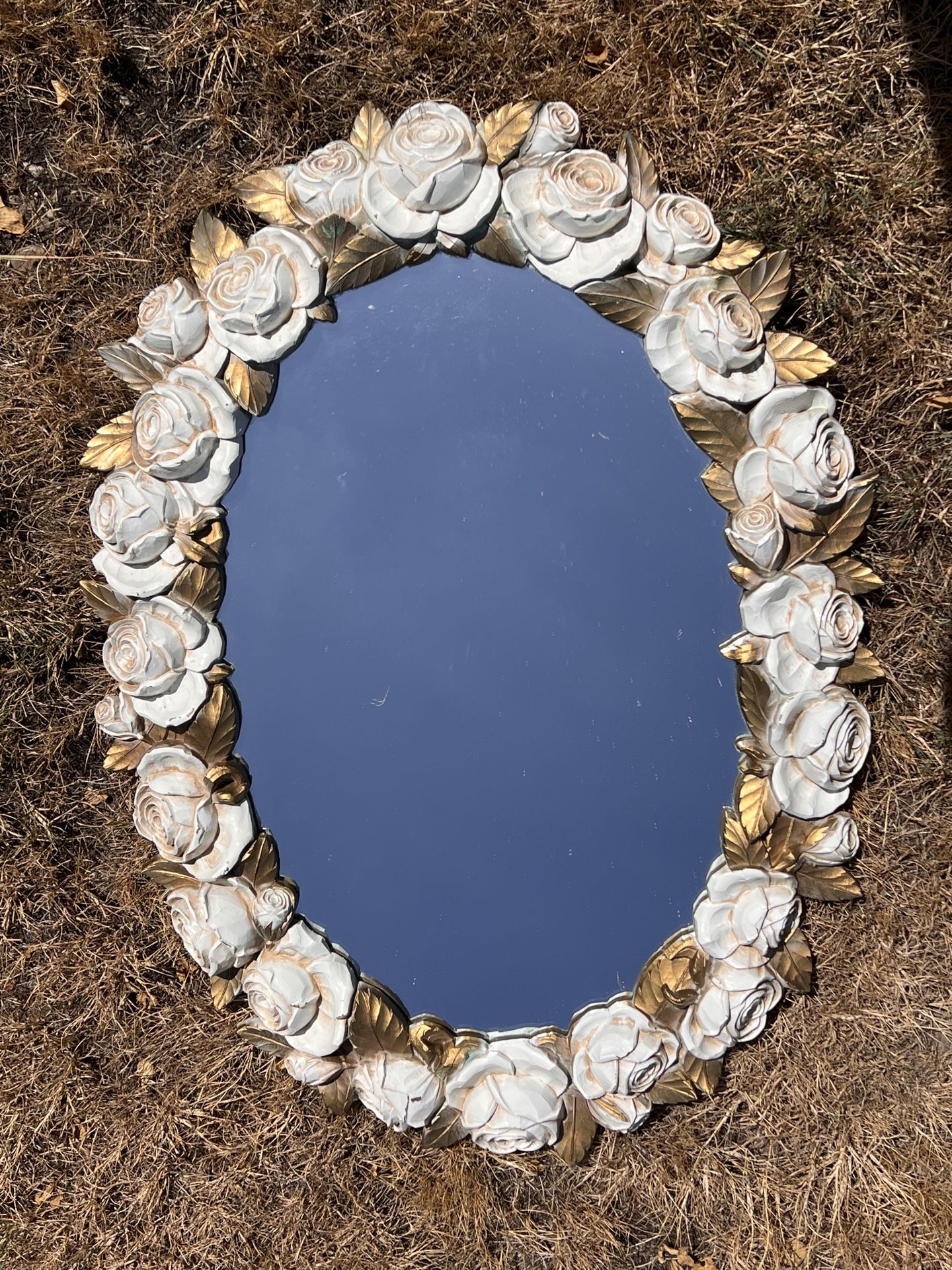 Vintage SYROCO 1973 Gold and Ivory Rose Oval Mirror Mid-Century Hollywood Regency Style
